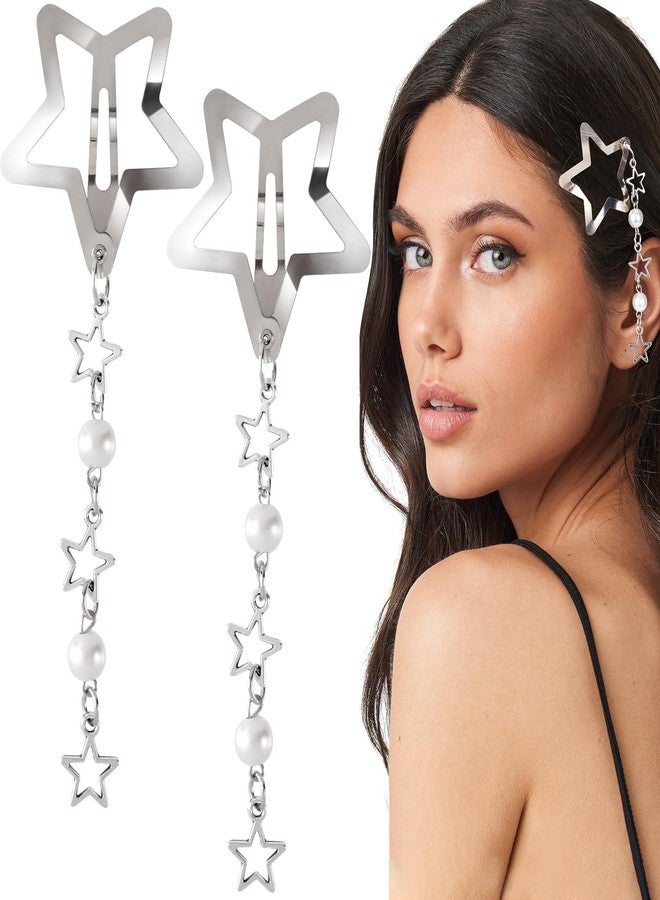 CustomyLife 2pcs Star Pearl Snap Hair Clips, y2k Silver Hair Barrettes Cute Tassel Metal Hair Pins Wedding Prom Hair Styling Accessories for Women Girls Gift - Image 1