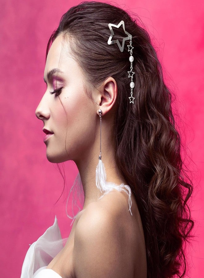 CustomyLife 2pcs Star Pearl Snap Hair Clips, y2k Silver Hair Barrettes Cute Tassel Metal Hair Pins Wedding Prom Hair Styling Accessories for Women Girls Gift - Image 4
