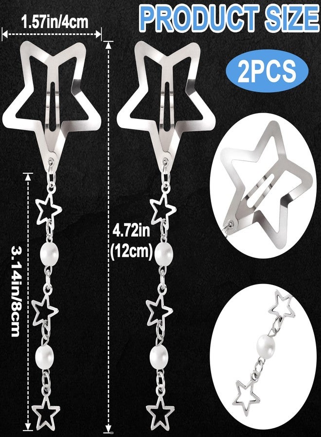 CustomyLife 2pcs Star Pearl Snap Hair Clips, y2k Silver Hair Barrettes Cute Tassel Metal Hair Pins Wedding Prom Hair Styling Accessories for Women Girls Gift - Image 2