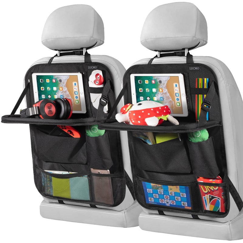 LUCMO Car Backseat Organizer with Touch Screen Tablet Holder,9 Storage Pockets Storage Organizer,Protectors Kick Mats Travel Accessories (Black, 2 Pack with Food Tray) - Image 1