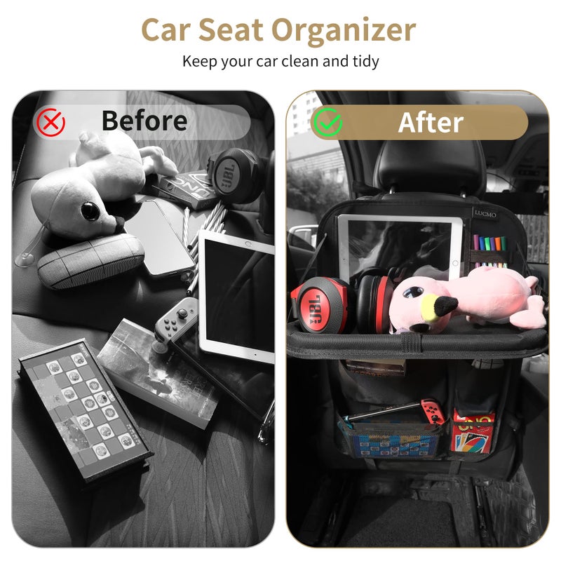LUCMO Car Backseat Organizer with Touch Screen Tablet Holder,9 Storage Pockets Storage Organizer,Protectors Kick Mats Travel Accessories (Black, 2 Pack with Food Tray) - Image 2