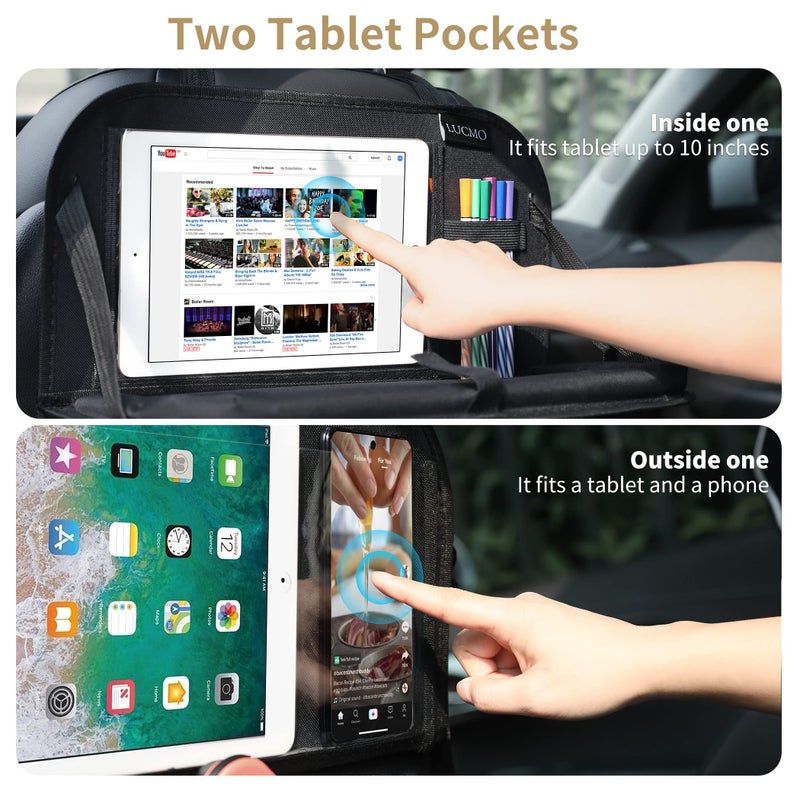 LUCMO Car Backseat Organizer with Touch Screen Tablet Holder,9 Storage Pockets Storage Organizer,Protectors Kick Mats Travel Accessories (Black, 2 Pack with Food Tray) - Image 5