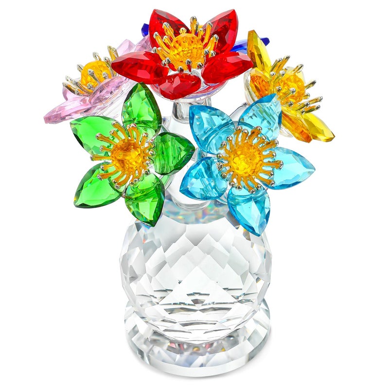 KRISININE Crystal Flower Figurine with Vase Base 3.8in Tall Multicolor Glass Flower Figurine Collectibles Home Decor for Valentine's Day(Colorful) - Image 1