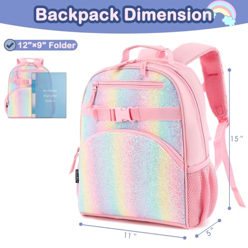 FlowFly Kids Backpack for Toddler Boys Girls, Simple Lightweight Bookbag for Daycare Kindergarten Elementary School Travel, Small Modern Bag (Medium 15'', Glitter-Rainbow) - Image 2