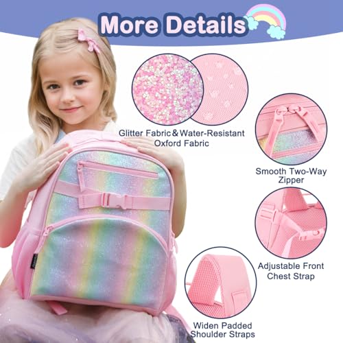 FlowFly Kids Backpack for Toddler Boys Girls, Simple Lightweight Bookbag for Daycare Kindergarten Elementary School Travel, Small Modern Bag (Medium 15'', Glitter-Rainbow) - Image 4