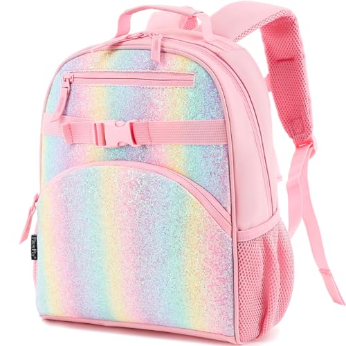 FlowFly Kids Backpack for Toddler Boys Girls, Simple Lightweight Bookbag for Daycare Kindergarten Elementary School Travel, Small Modern Bag (Medium 15'', Glitter-Rainbow) - Image 1