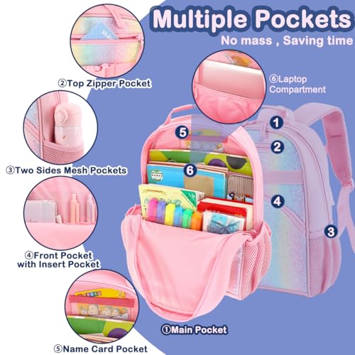 FlowFly Kids Backpack for Toddler Boys Girls, Simple Lightweight Bookbag for Daycare Kindergarten Elementary School Travel, Small Modern Bag (Medium 15'', Glitter-Rainbow) - Image 3