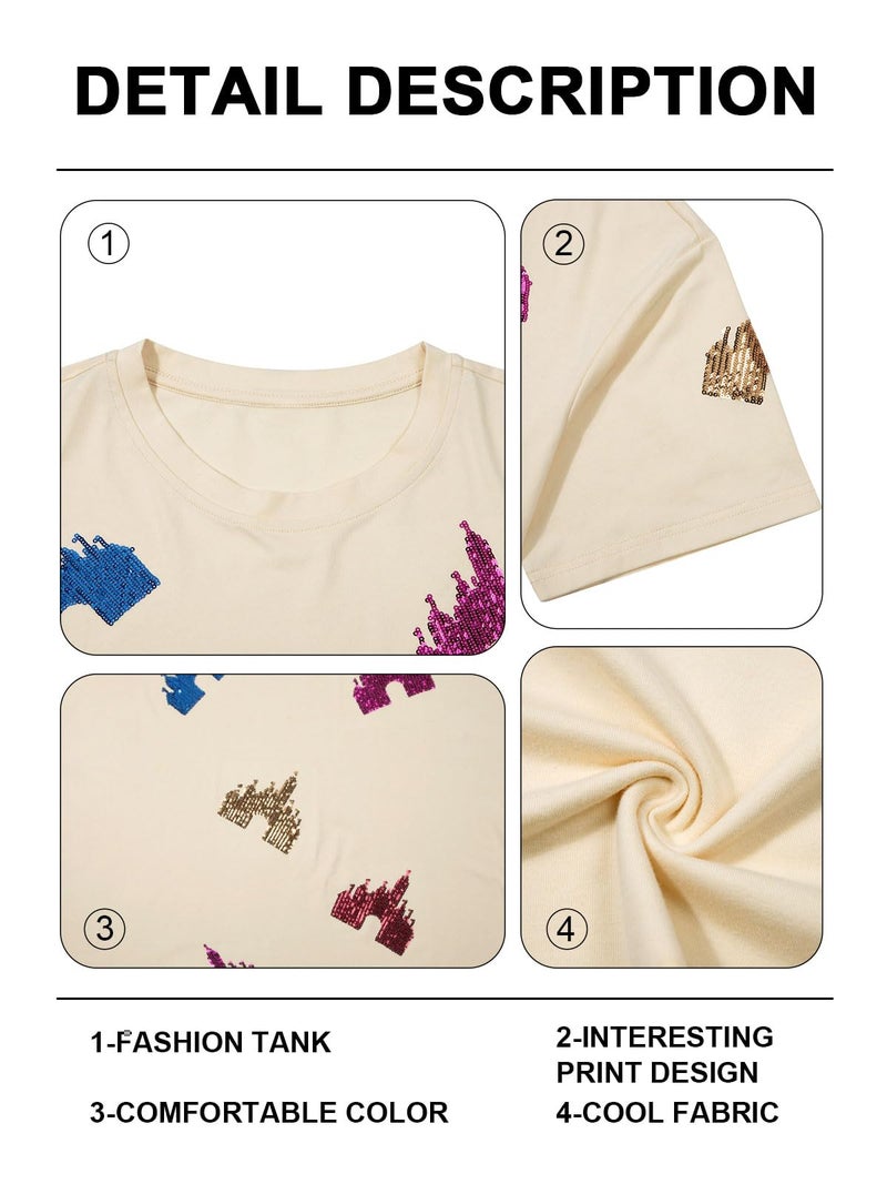 UNIQUEONE Magic Kingdom Shirts for Women Sequin Top Colorful Castle Graphic Tshirt Holiday Vacation Shirt Funny Cute Tee Tops - Image 5