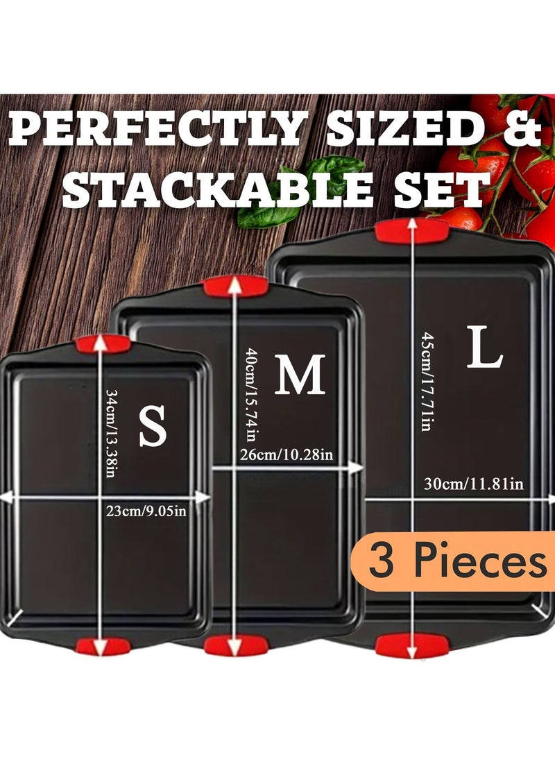 JUFU JUFU Baking Pan Set, 3 Piece Cookie Sheet, Stick Carbon Steel, Silicone Handles  - Image 2