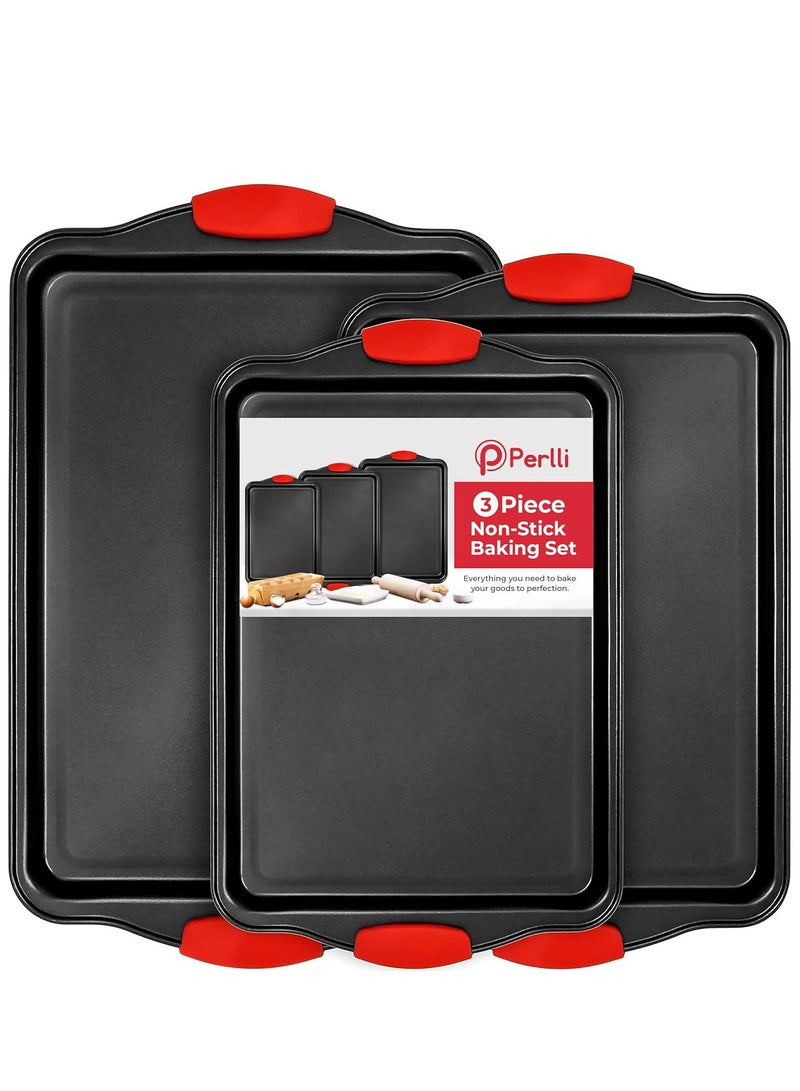 JUFU JUFU Baking Pan Set, 3 Piece Cookie Sheet, Stick Carbon Steel, Silicone Handles  - Image 1