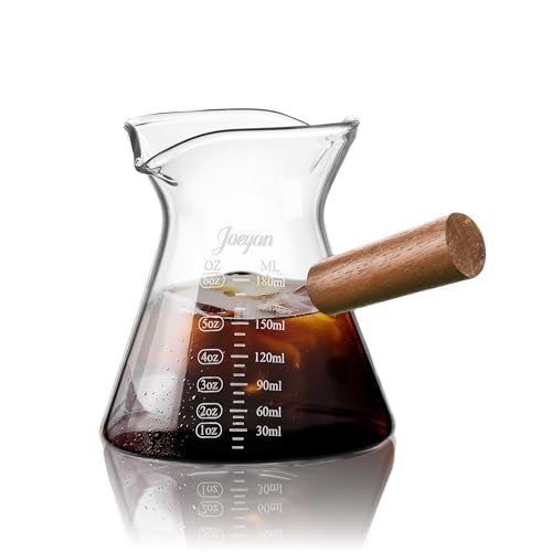 Joeyan 6 oz Glass Measuring Cup with Double Spouts,Clear Borosilicate Espresso Shot Glasses with Wooden Handle,Milk Creamer Frothing Pitcher Barista Coffee Carafe - Image 1