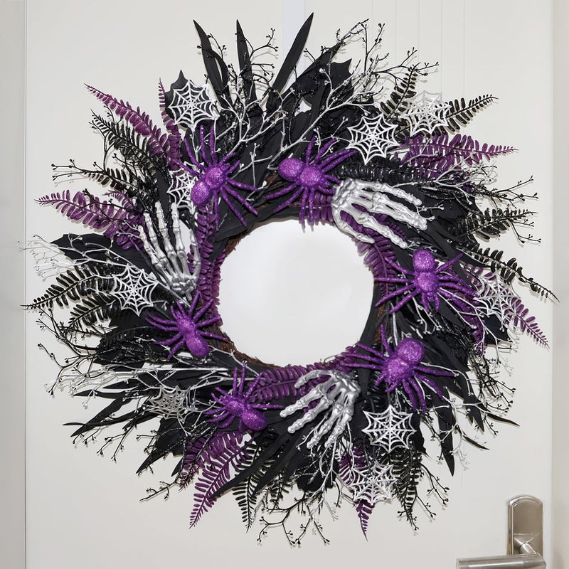 Halloween Decorations Halloween Wreaths for Front Door 20 Purple Spiders Silver Skeleton Hands Black Leaves Halloween Decor for Doors Porch Wall Gothic Party Horror Room Decor