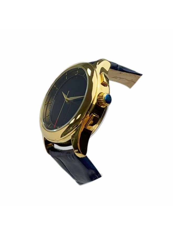 Al Fajr Analogue and digital dual-display Gold circular dial wristwatch, blue leather strap and black dial Minimalist and fashionable style watch WW-22GBL-LS - Image 2