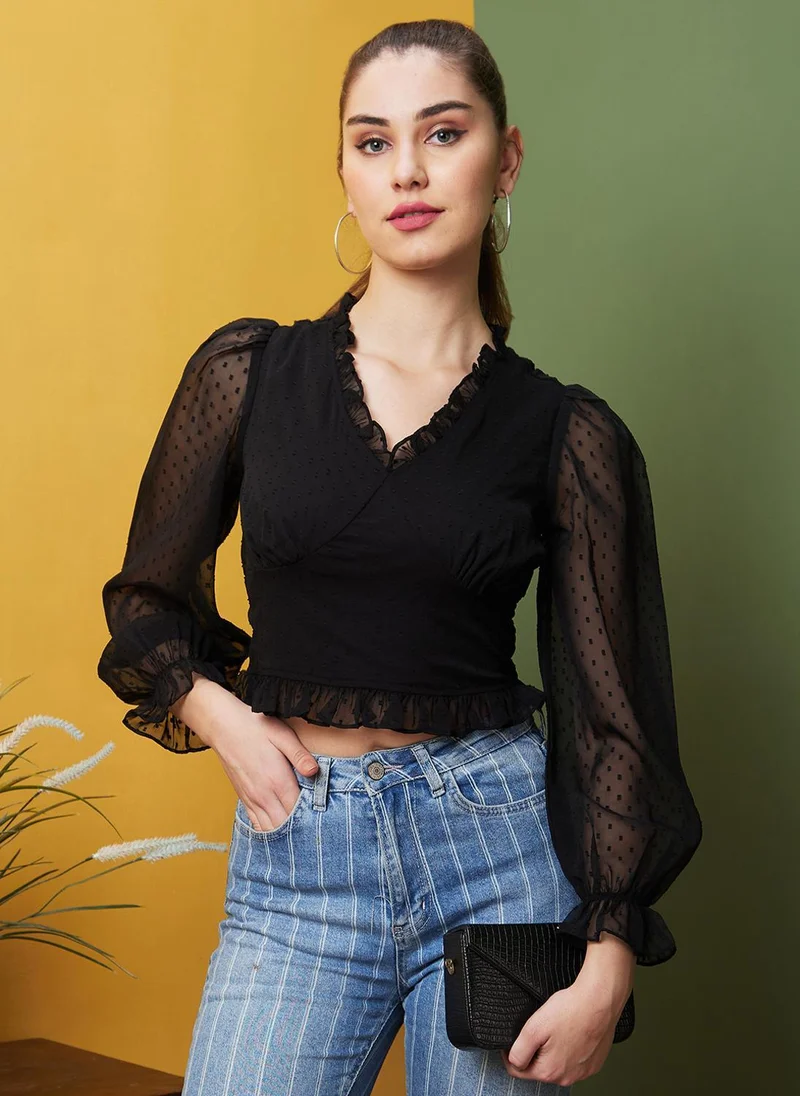 جلو باص Globus Women Black Casual V-Neck Crop Top