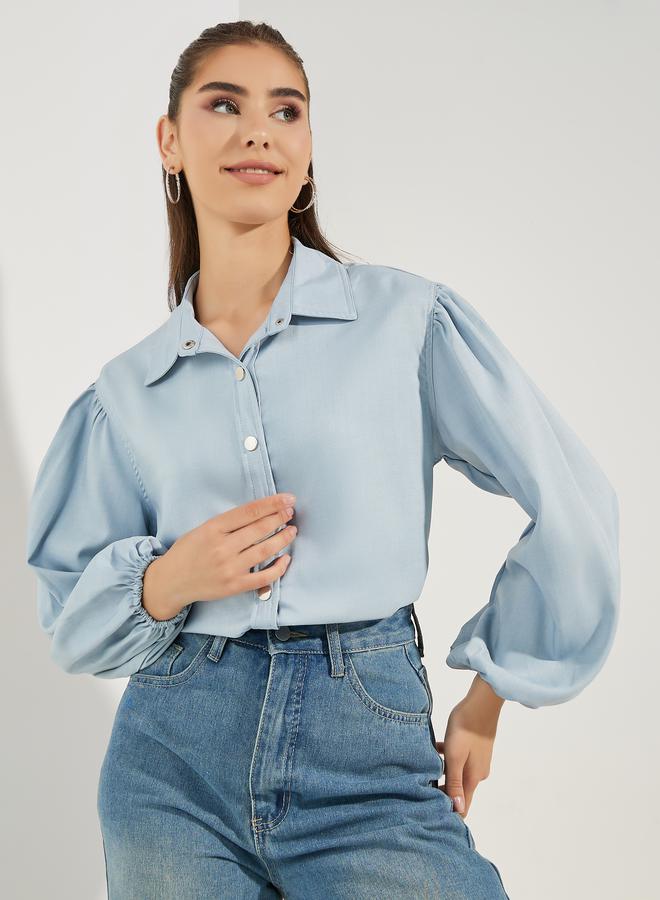 Styli Chambray Balloon Sleeves Shirt with Metal Buttons - Image 1