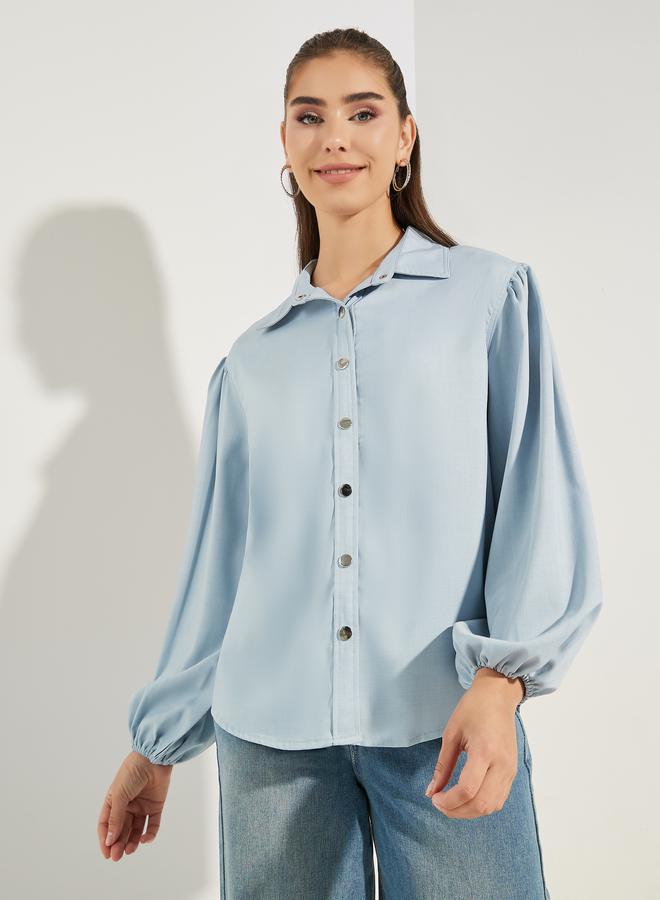 Styli Chambray Balloon Sleeves Shirt with Metal Buttons - Image 3