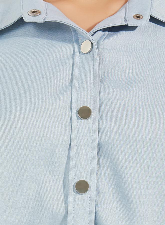 Styli Chambray Balloon Sleeves Shirt with Metal Buttons - Image 4
