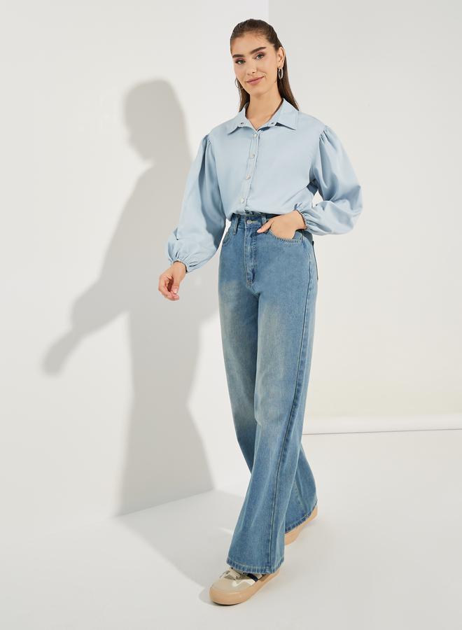 Styli Chambray Balloon Sleeves Shirt with Metal Buttons - Image 2