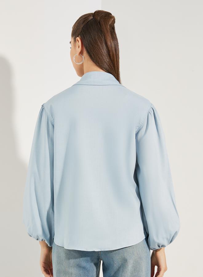 Styli Chambray Balloon Sleeves Shirt with Metal Buttons - Image 5