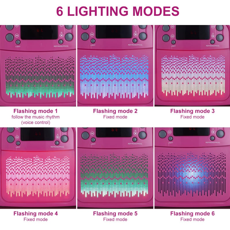 hPlay GC09 Pink Kids Boombox CD Player with Bluetooth & Microphone Input - Portable Stereo Radio with USB/AUX, Multi-Color LED Lights, Sing Along Karaoke Function - MP3 Music Player for Girls - Image 3