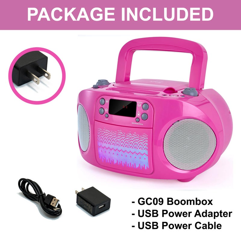 hPlay GC09 Pink Kids Boombox CD Player with Bluetooth & Microphone Input - Portable Stereo Radio with USB/AUX, Multi-Color LED Lights, Sing Along Karaoke Function - MP3 Music Player for Girls - Image 5