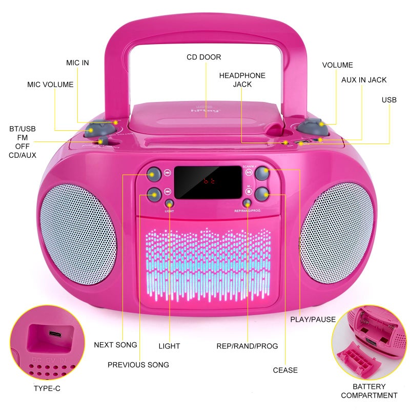 hPlay GC09 Pink Kids Boombox CD Player with Bluetooth & Microphone Input - Portable Stereo Radio with USB/AUX, Multi-Color LED Lights, Sing Along Karaoke Function - MP3 Music Player for Girls - Image 4
