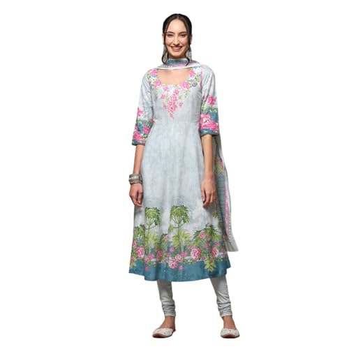 BIBA Women's Powder Blue Cotton Anarkali Kurta Churidar Suit Set_34 - Image 1