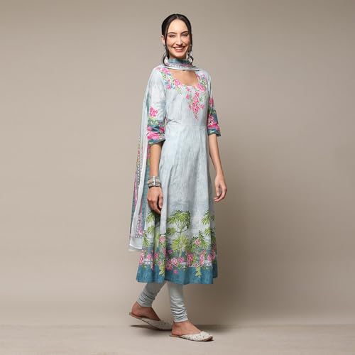 BIBA Women's Powder Blue Cotton Anarkali Kurta Churidar Suit Set_34 - Image 5
