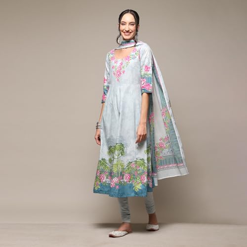 BIBA Women's Powder Blue Cotton Anarkali Kurta Churidar Suit Set_34 - Image 4