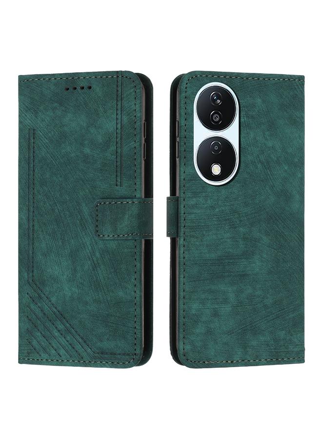 جرين تايجر حافظة هاتف جلدية بنمط شريطي لهاتف Honor X7b مع حبل قصير (أخضر)