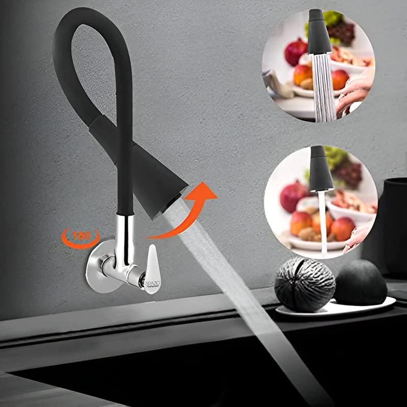 SPAZIO Vignette Flexo SmartBuy Flexible Sink Faucet - Flxo Play (with 360 Degree Flexible Silicon Hose & Dual Flow Pattern) Hot/Cold Water Tap with Wall Flange - Black, Chrome - Image 4