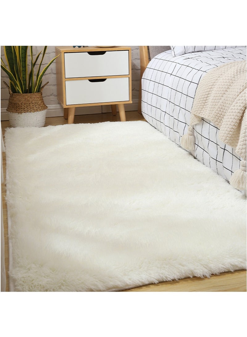 TAPIT 80x160cm Plush Area Rug for Home Bedroom Bedside Living Room, Carpet Mat for Sofa Coffee Table, Bay Window Long Furry Carpet, Bedside Non-Slip Plush Floor Mat (White) - Image 1
