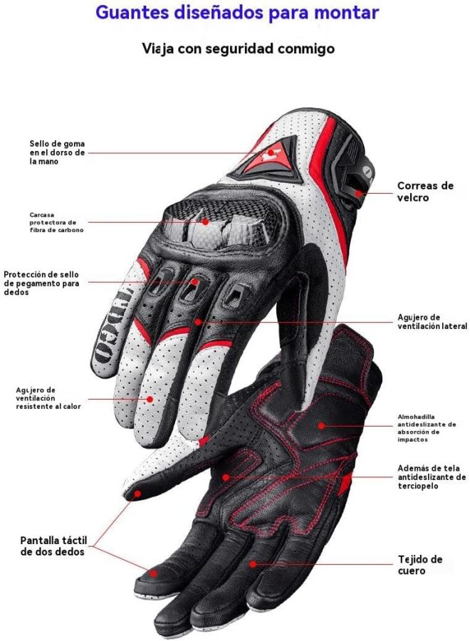 Leather motorcycle gloves suitable for both men and women, comfortable and breathable leather motorcycle gloves, providing comprehensive protection，Red White L - Image 2