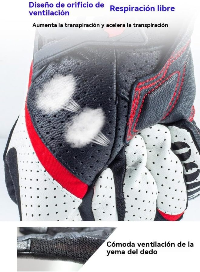 Leather motorcycle gloves suitable for both men and women, comfortable and breathable leather motorcycle gloves, providing comprehensive protection，Red White L - Image 3