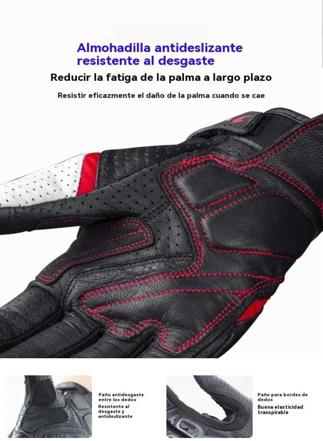 Leather motorcycle gloves suitable for both men and women, comfortable and breathable leather motorcycle gloves, providing comprehensive protection，Red White L - Image 4