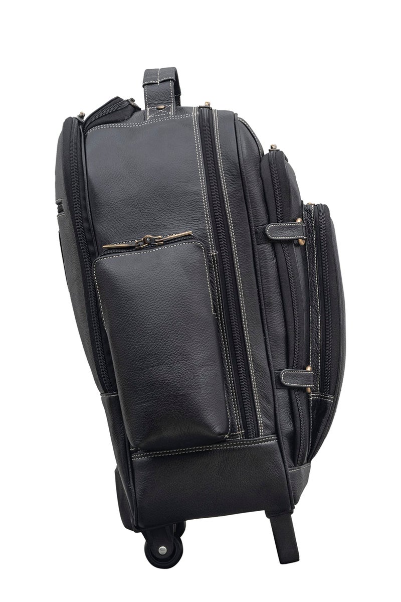BRAND LEATHER Rolling Backpack Wheeled Laptop Backpack for Travel, Trolley Luggage Suitcase Compact Business Bag Student Laptop Bag for Men Women (BLACK) - Image 4