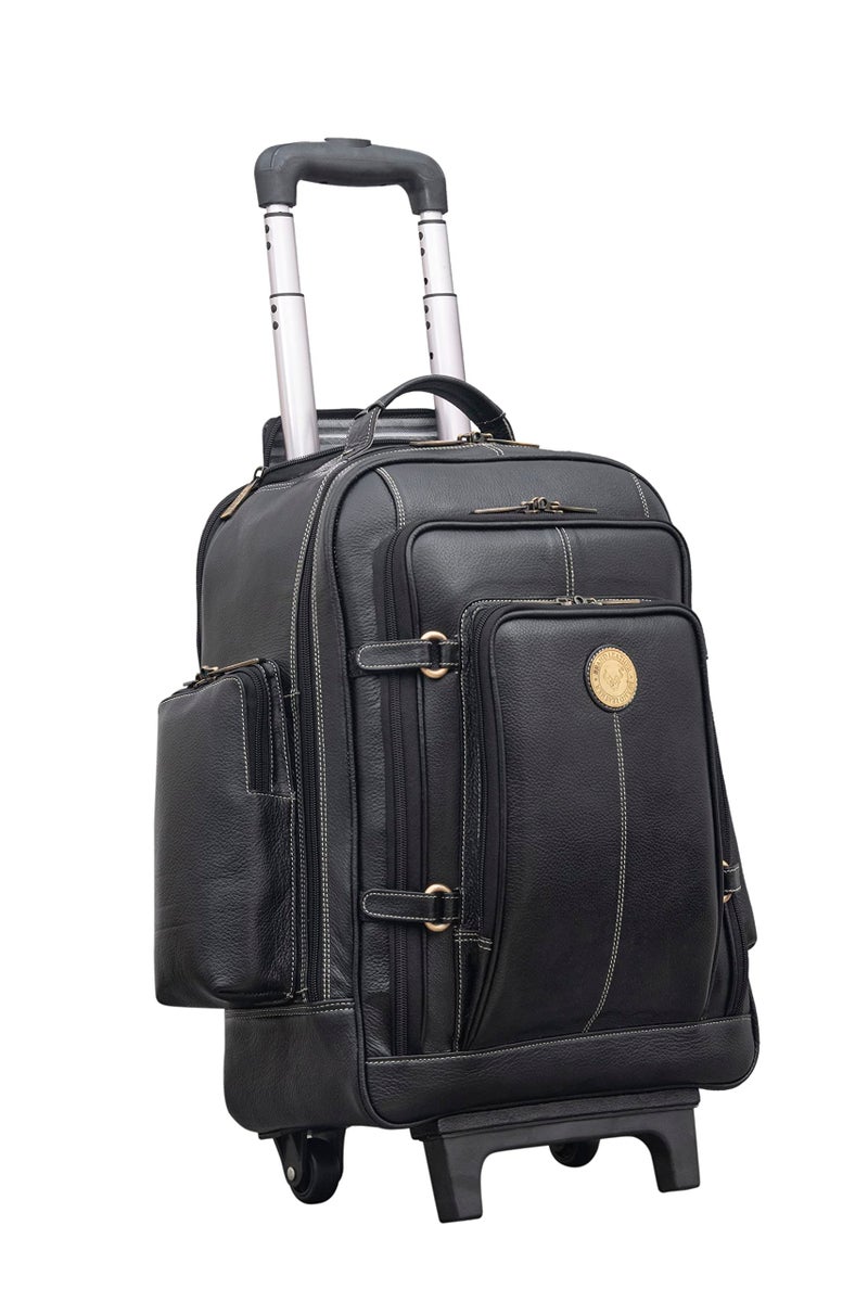 BRAND LEATHER Rolling Backpack Wheeled Laptop Backpack for Travel, Trolley Luggage Suitcase Compact Business Bag Student Laptop Bag for Men Women (BLACK) - Image 1