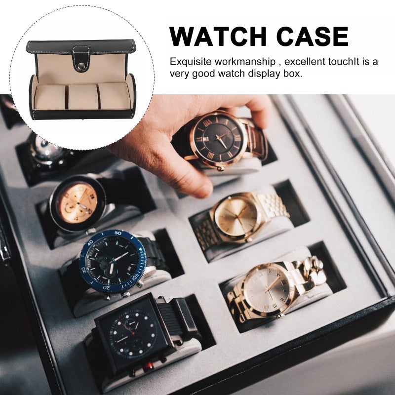 Leather Watch Box Organizer Portable 3 Slot Cylinder Travel Case Men Black - Image 4
