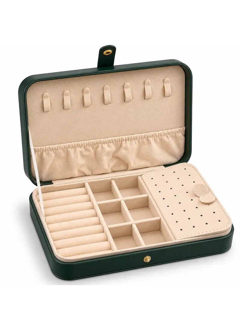 Premium Jewelry Organizer Box with PU Leather Exterior, Soft Velvet Interior, Necklace Hooks, Ring Rolls, Earring Panel & Multi Compartments, 21 x 13.5 x 5 cm, Green - Image 1