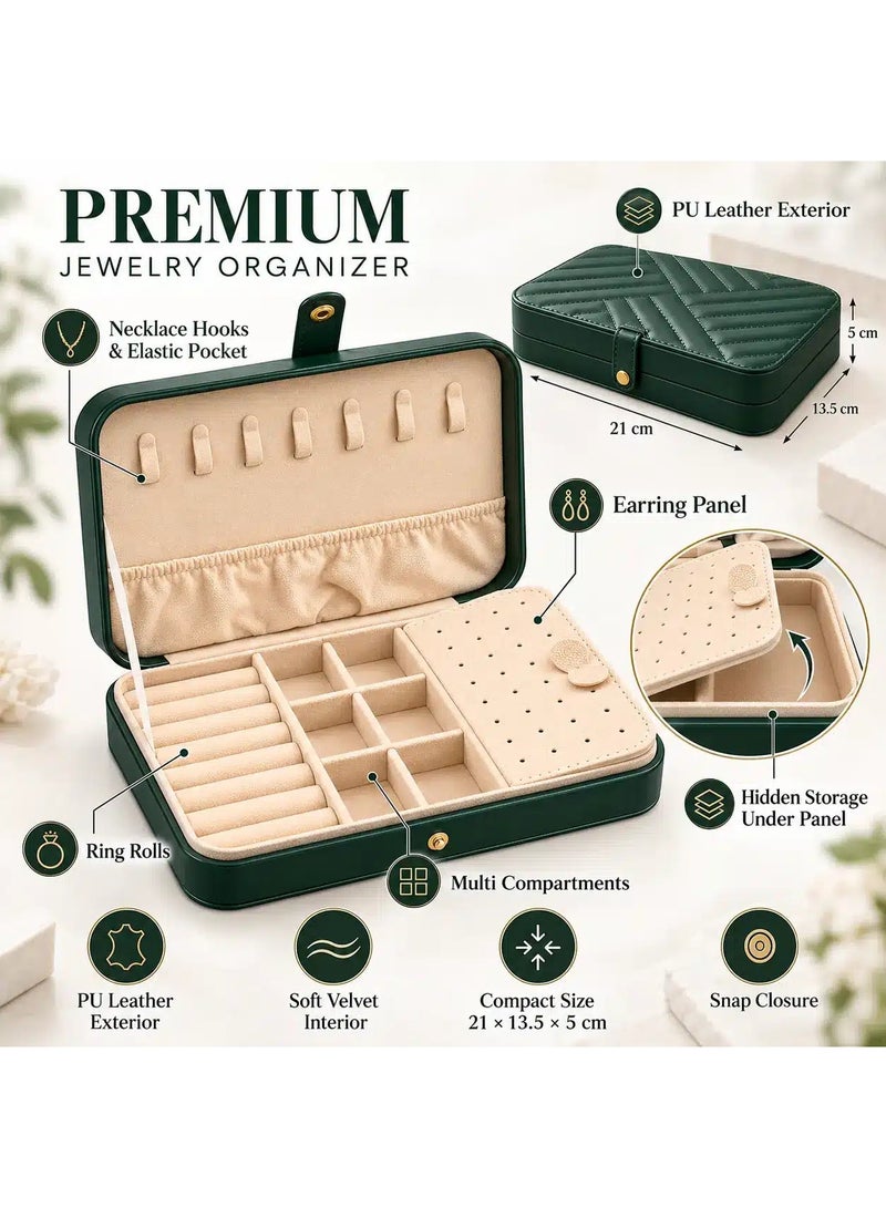 Premium Jewelry Organizer Box with PU Leather Exterior, Soft Velvet Interior, Necklace Hooks, Ring Rolls, Earring Panel & Multi Compartments, 21 x 13.5 x 5 cm, Green - Image 2