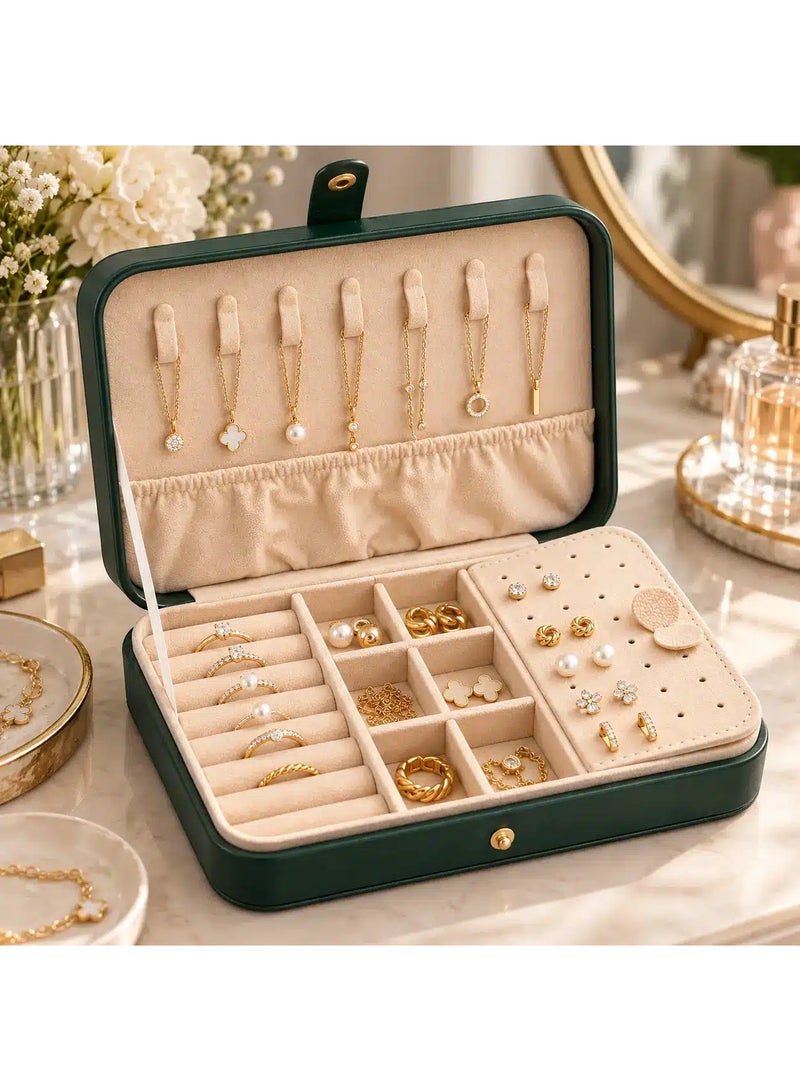 Premium Jewelry Organizer Box with PU Leather Exterior, Soft Velvet Interior, Necklace Hooks, Ring Rolls, Earring Panel & Multi Compartments, 21 x 13.5 x 5 cm, Green - Image 3