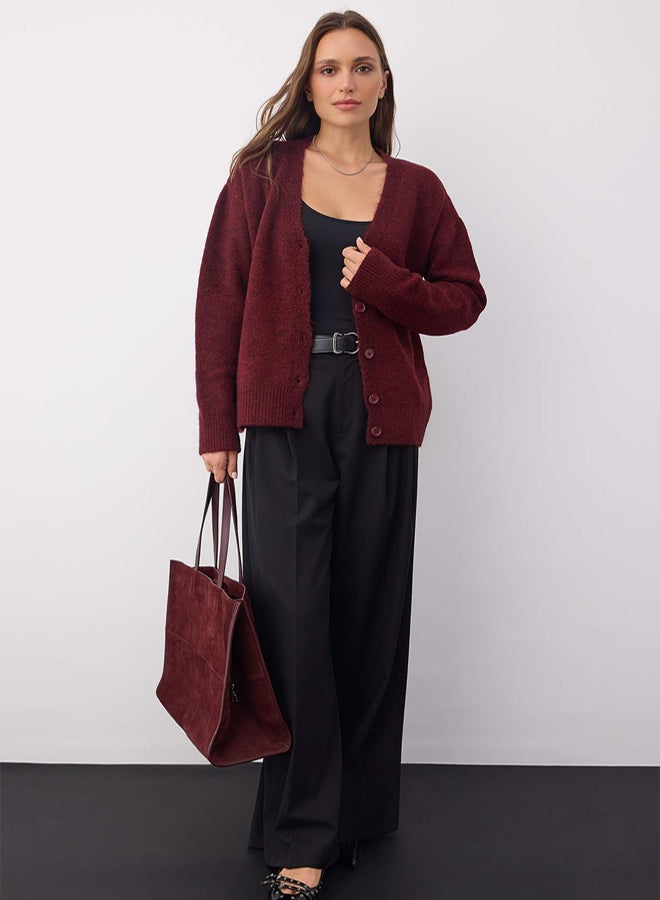 trendyol Wardrobe Essentials Burgundy Wool Wide Fit VNeck Knitwear Cardigan | - Image 2