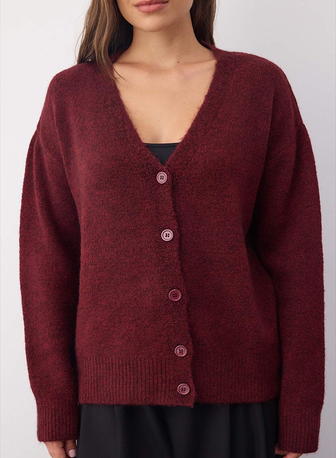 trendyol Wardrobe Essentials Burgundy Wool Wide Fit VNeck Knitwear Cardigan | - Image 3