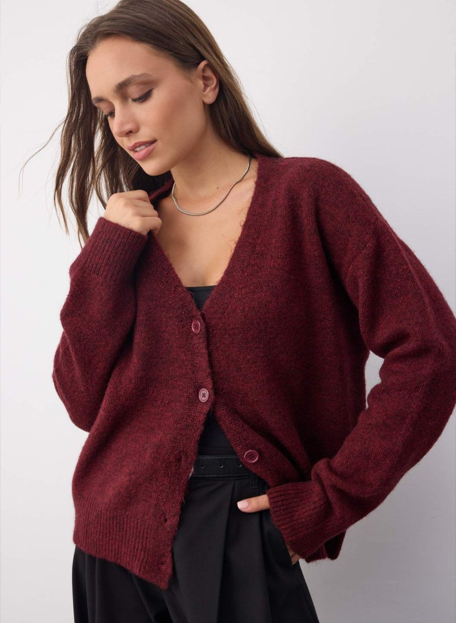 trendyol Wardrobe Essentials Burgundy Wool Wide Fit VNeck Knitwear Cardigan | - Image 1