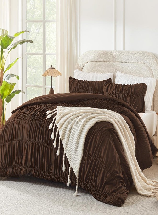 Andency Ruched Brown Queen Size Comforter Set, Shabby Chic Pleated Bedding Sets 3 Pieces, Lightweight Soft Boho Ruffle Bed Set for Girls, Kids, Women, All Season - Image 1