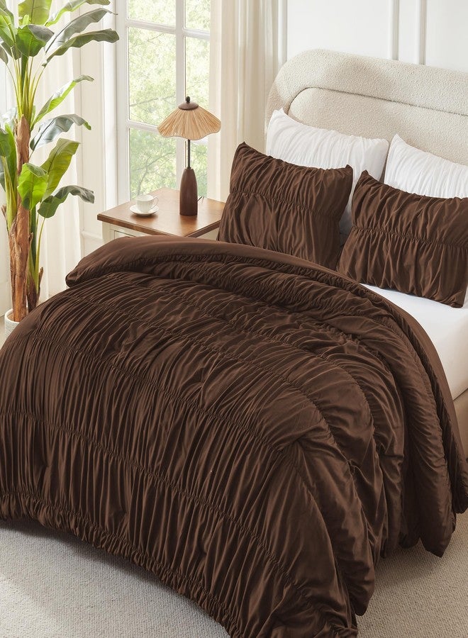 Andency Ruched Brown Queen Size Comforter Set, Shabby Chic Pleated Bedding Sets 3 Pieces, Lightweight Soft Boho Ruffle Bed Set for Girls, Kids, Women, All Season - Image 2
