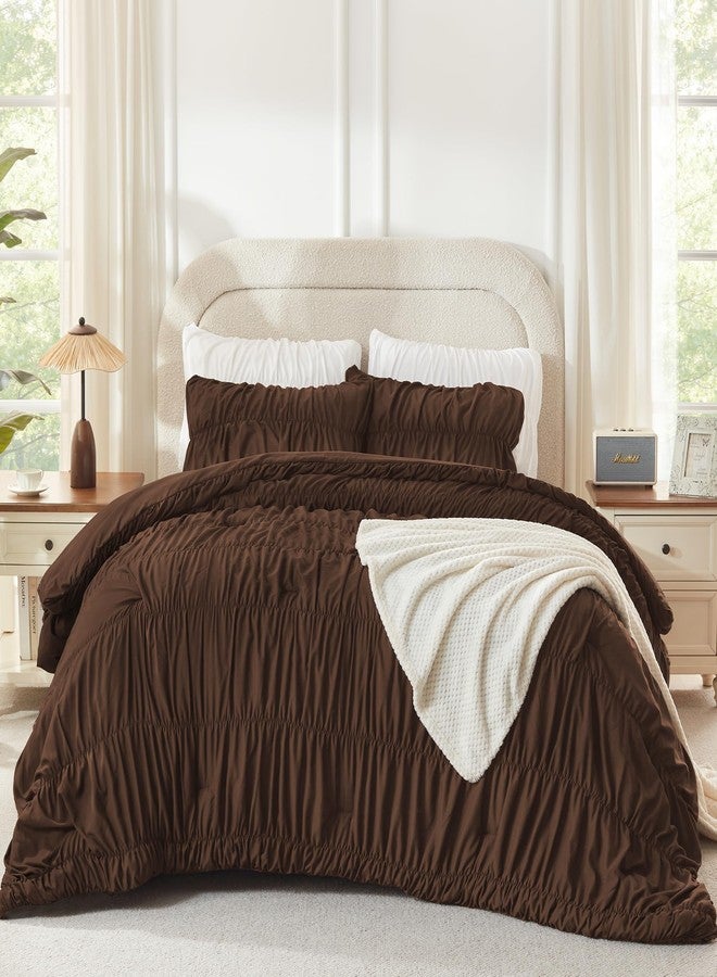 Andency Ruched Brown Queen Size Comforter Set, Shabby Chic Pleated Bedding Sets 3 Pieces, Lightweight Soft Boho Ruffle Bed Set for Girls, Kids, Women, All Season - Image 3