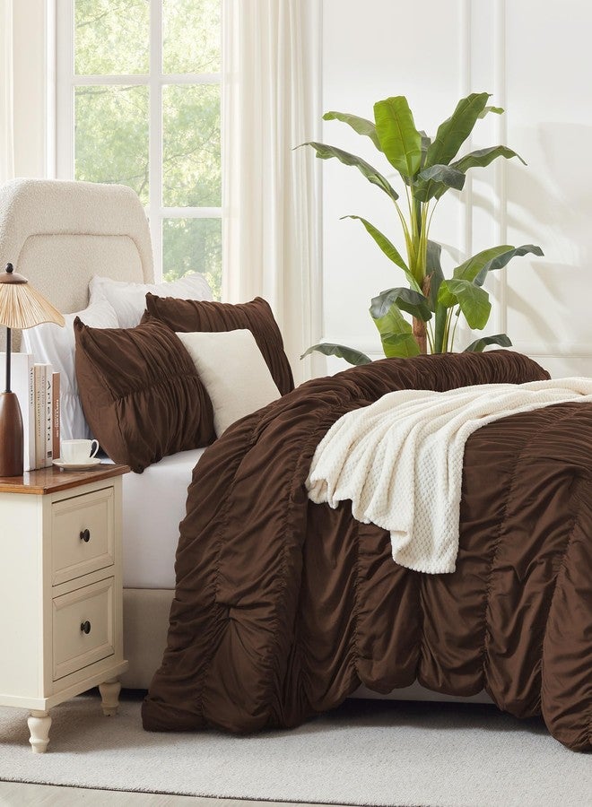 Andency Ruched Brown Queen Size Comforter Set, Shabby Chic Pleated Bedding Sets 3 Pieces, Lightweight Soft Boho Ruffle Bed Set for Girls, Kids, Women, All Season - Image 5