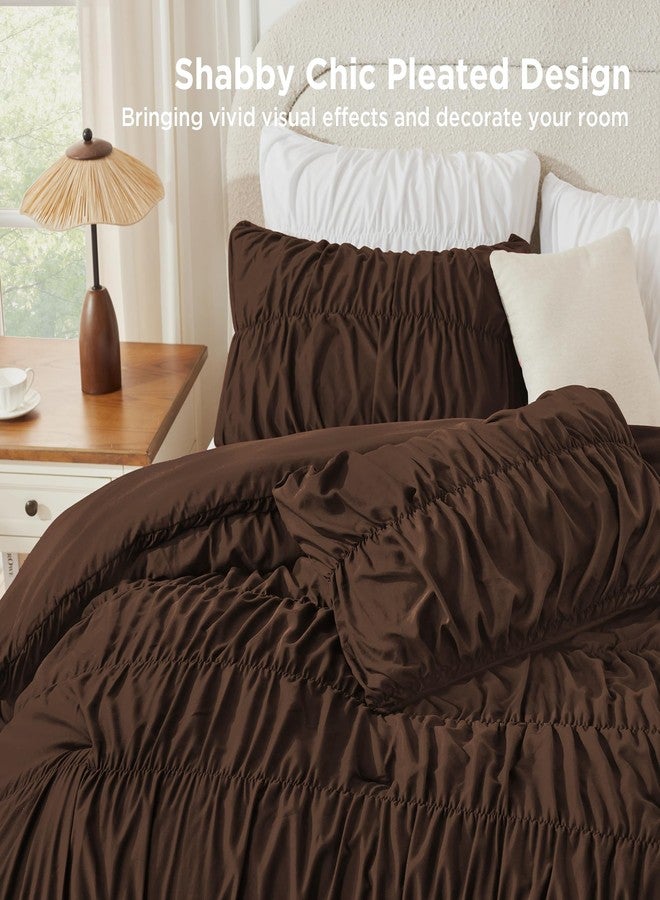 Andency Ruched Brown Queen Size Comforter Set, Shabby Chic Pleated Bedding Sets 3 Pieces, Lightweight Soft Boho Ruffle Bed Set for Girls, Kids, Women, All Season - Image 4