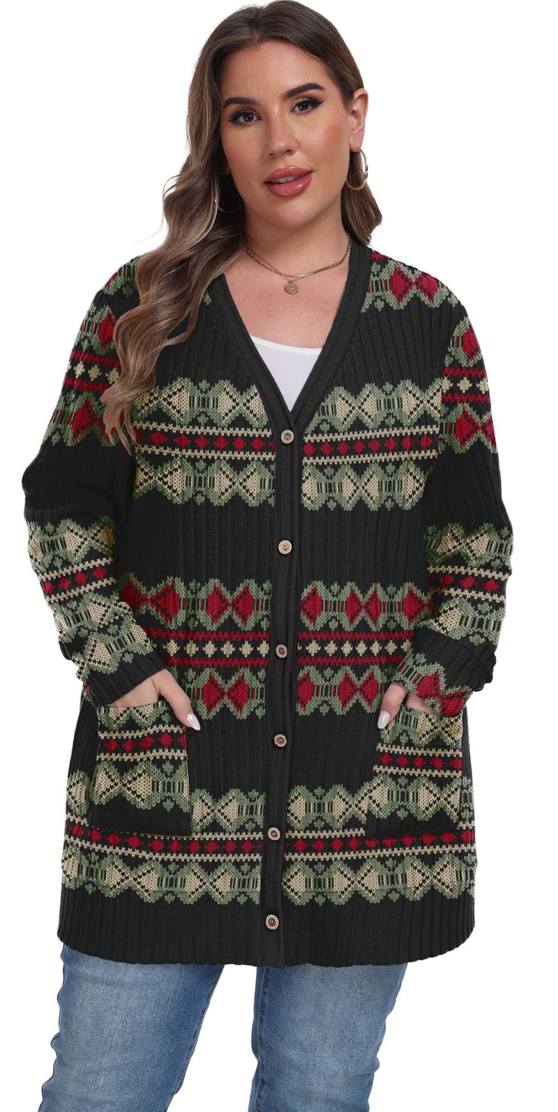 OLRIK Plus Size Womens Cardigan Long Sleeve Open Front Sweater with Pockets Light Cover Up for Airplane Office Christmas Cardigan Red Green Diamond-2X - Image 4
